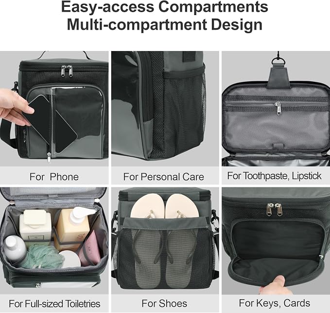 F-color Crossbody Shower Caddy with Phone Holder - Hands-Free Portable Toiletry Bag Fits Full-Size Bottles, Quick Dry Mesh Hanging Tote for College Dorm Essentials, Camping, Gym, Travel, Large, Grey