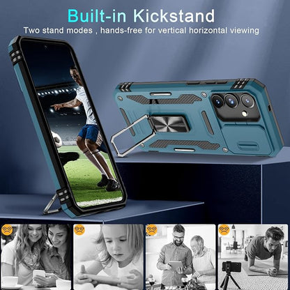 DEERLAMN Case for Samsung Galaxy S25 FE 6.7-Inch with Slide Camera Cover+Screen Protector(1 Pack), Rotated Ring Kickstand Military Grade Shockproof Protective Cover-Light Blue