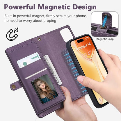 Wallet Case for iPhone 15 with Card Holder/Crossbody Wallet/Strap| RFID Blocking | Magnetic | Kickstand | Detachable | PU Leather Phone Case for iPhone 15,6.1 in,Purple