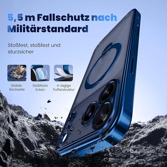 GolbinBox for iPhone 17 Pro Max Case with 360° Spin Magnetic Stand,[Compatible with Magsafe] [Military Protection][Built-in Ring Holder] Camera Control Phone Case for 17 Pro Max,Deep Blue/Clear