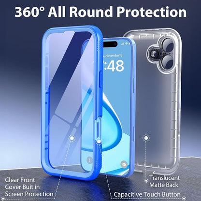 SPORTLINK for iPhone 16 Waterproof Phone Case - Built in Screen & Camera Lens Protector,6.6FT Military Dropproof/Shockproof/Dustproof/IP68 Underwater for iPhone 16 6.1 inch Blue/Frosted Clear