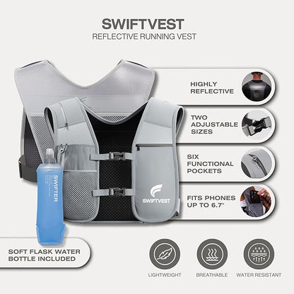 Running Phone Holder Vest with 500ml/17oz Water Bottle | Reflective Hydration Vest | Adjustable | Light | 6 Pockets for Running Accessories | Unisex