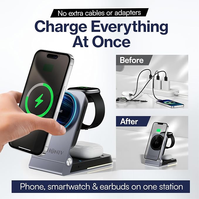 THONIV- Qi2 3-in-1 Magnetic Wireless Charging Station, Foldable 15W Fast Charger for iPhone 11–17 Series, Apple Watch and Wireless Earbuds, Portable Travel Dock, MagSafe Compatible, 30W Adapter