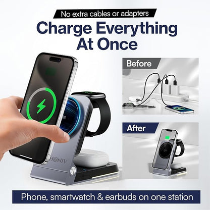 THONIV- Qi2 3-in-1 Magnetic Wireless Charging Station, Foldable 15W Fast Charger for iPhone 11–17 Series, Apple Watch and Wireless Earbuds, Portable Travel Dock, MagSafe Compatible, 30W Adapter