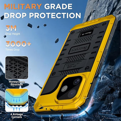 Beasyjoy for iPhone 16 Case Waterproof, Metal Heavy Duty Full Body Protective Case with Built-in Screen Protector, Military Grade Shockproof Dustproof Defender Rugged Cover for iPhone 16 6.1" Yellow