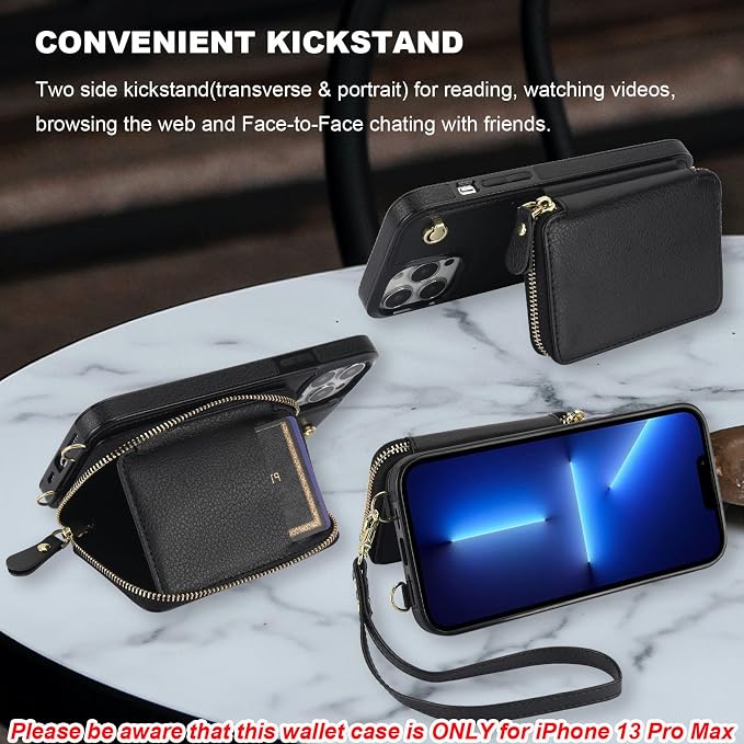Bocasal for MagSafe Crossbody Wallet Case Compatible with iPhone 13 Pro Max, RFID Blocking Protective Purse Case with Card Slots Holder Kickstand Wrist Strap Lanyard Zipper 6.7 Inch 5G (Black)