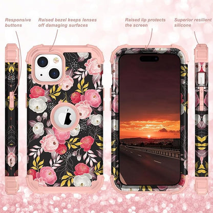 Hocase for iPhone 15 Case, Heavy Duty Shockproof Protection Soft Silicone Rubber Bumper+Hard Plastic Hybrid Protective Case for iPhone 15 (6.1" Display) 2023 - Rose Blossom