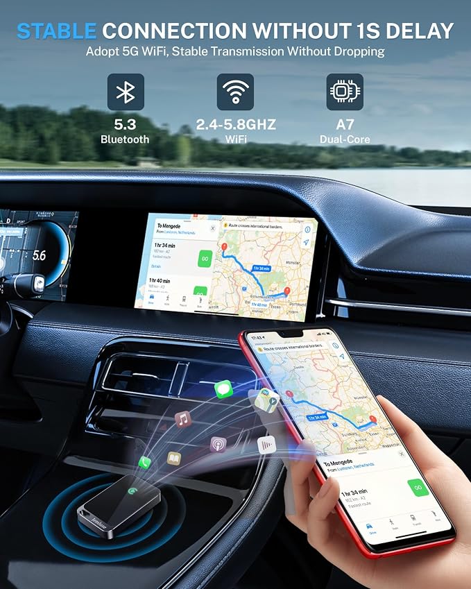 Jemluse Wireless CarPlay Adapter for Apple iPhone - Multi-User Seamless Connection for Convert Wired to Wireless Car Play Adapter - No Latency from iOS 10+ to Screen w/USB C(Charcoal)