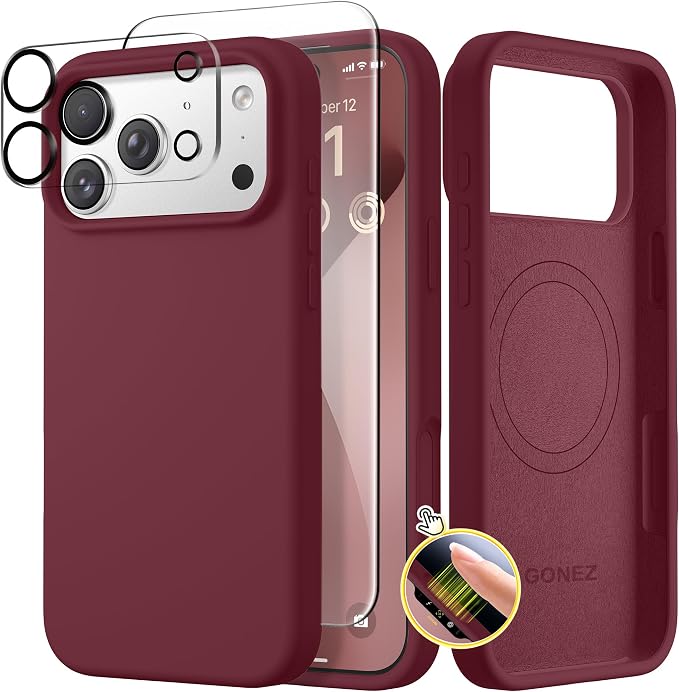 GONEZ Magnetic for iPhone 17 Pro Case, Compatible with MagSafe, [Screen Protector + Camera Lens Protector], Liquid Silicone Anti-Scratch Shockproof Protective Phone Case 6.3 inch, Maroon