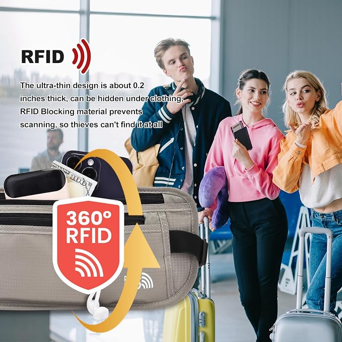 Unisex Money Belt For Men and Women, Slim Passport Holder RFID Blocking Travel Essentials Pouch with Adjustable Strap Small Waist Pouch for Workout Running Travelling Hiking, Light Grey 2 Pack