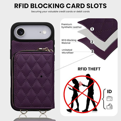 Keallce Case for iPhone Air 6.5'' Wallet Case, Crossbody Zipper Purse with Wrist Strap Lanyard Handbag, RFID Blocking Card Holders, Kickstand Flip Leather Cover for iPhone 17 Air, Darkpurple