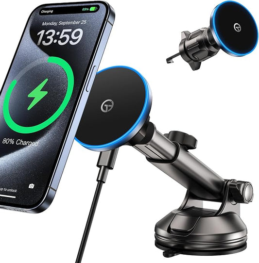 for MagSafe Car Mount Charger Dash/Windshield/Vent Wireless Car Charger with [LED Light], Strong Magnetic Phone Holder for Car for iPhone 17 16 15 14 13 12 Series, Fit MagSafe Accessories