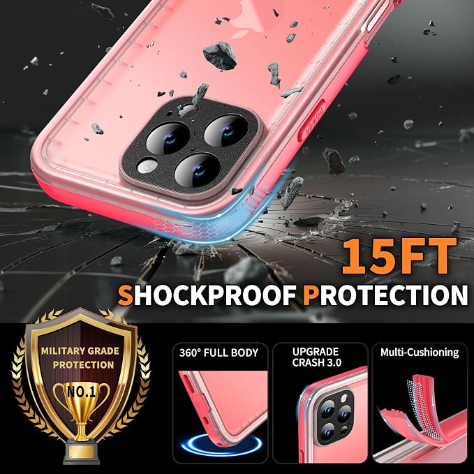 Cozycase for iPhone 16 Pro Max Case Waterproof - 360 Heavy Duty with Screen/Camera Protector Shockproof IP68 Underwater Dustproof Water Shock Proof Full Body/Front and Back Case Pink/Frosted Clear