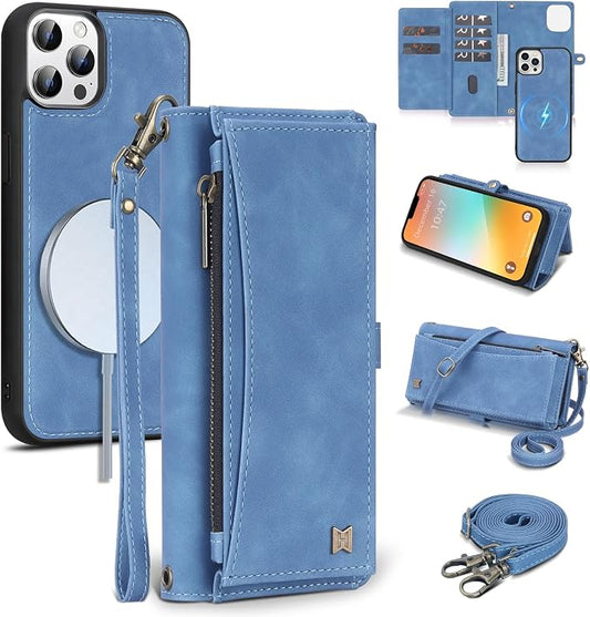 Wallet Case for iPhone 13 Pro with Card Holder/Crossbody Wallet/Strap| RFID Blocking | Magnetic | Kickstand | Detachable | PU Leather Phone Case for iPhone 13 Pro,6.1 in,Sky Blue