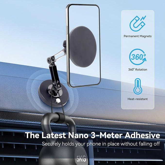 360° Magnetic Phone Mount - Dual Arm Foldable Phone Holder with Strong Adhesive Base for Car Dashboard/Desk/Wall, Universal Magnetic Stand for iPhone 16/15 & All Smartphones-828002