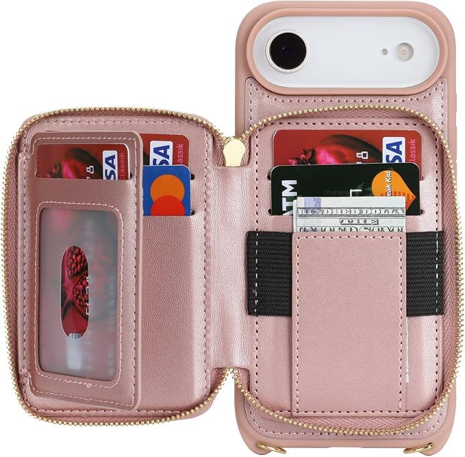 Crossbody Wallet Case for iPhone Air, PU Leather Zipper Handbag Purse Flip Cover, Kickstand Folio Case with Card Slots Holder Wrist Strap Lanyard 5G 6.5 Inch-Rose Gold