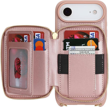 Crossbody Wallet Case for iPhone Air, PU Leather Zipper Handbag Purse Flip Cover, Kickstand Folio Case with Card Slots Holder Wrist Strap Lanyard 5G 6.5 Inch-Rose Gold