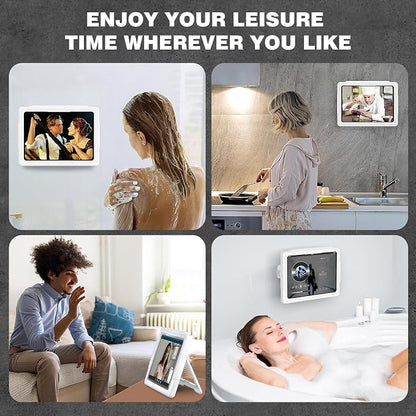 MoKo Shower Tablet Holder, Stretchable Waterproof iPad Holder Fit All Devices Up to 11", 360° Rotation Tablet Wall Mount Holder with Anti-Fog Touchable Screen, 2 Placement Modes, for Bathroom Kitchen