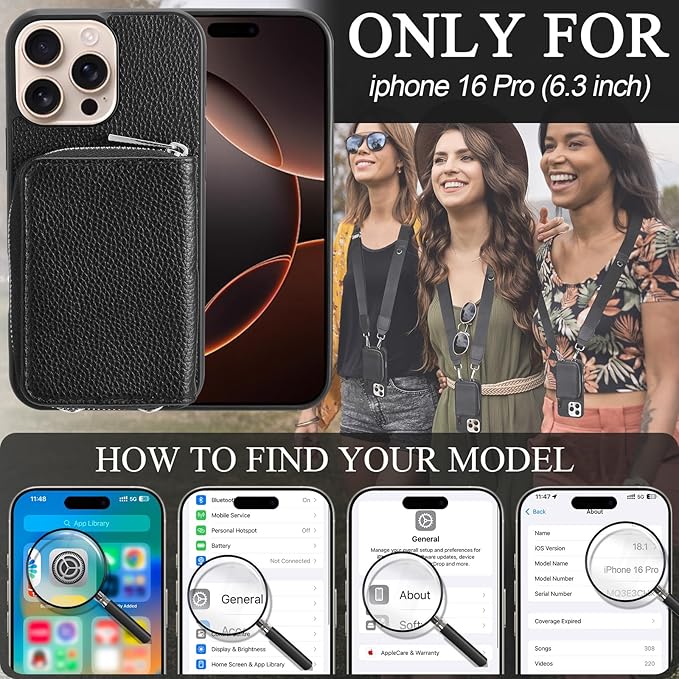 XANGNIER Wallet Case for iPhone 16 Pro, RFID Blocking PU Leather Crossbody Phone Purse with Card Holder, Zipper Pocket, Wrist Strap & Adjustable Lanyard for Women 6.3" 5G, Black