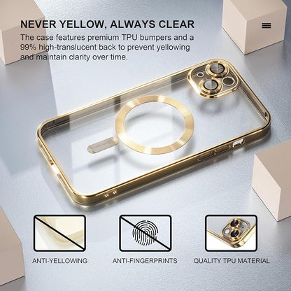 Misea Magnetic for iPhone 14 Case Compatible with MagSafe [Never Yellowing] [Military Grade Drop Protection] Full Camera Lens Protector Plating Soft Clear Phone Case for Women Girls, Gold