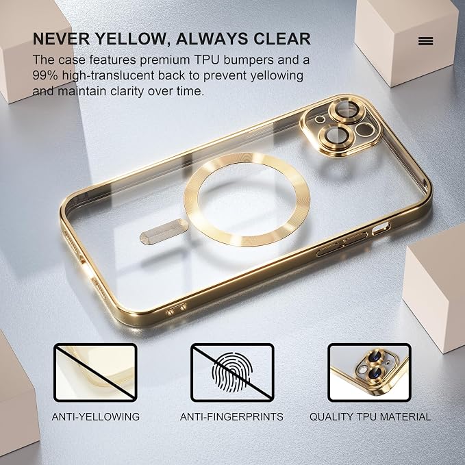 Misea Magnetic for iPhone 14 Plus Case Compatible with MagSafe [Never Yellowing] [Military Grade Drop Protection] Full Camera Lens Protector Plating Soft Clear Phone Case for Women Girls, Gold