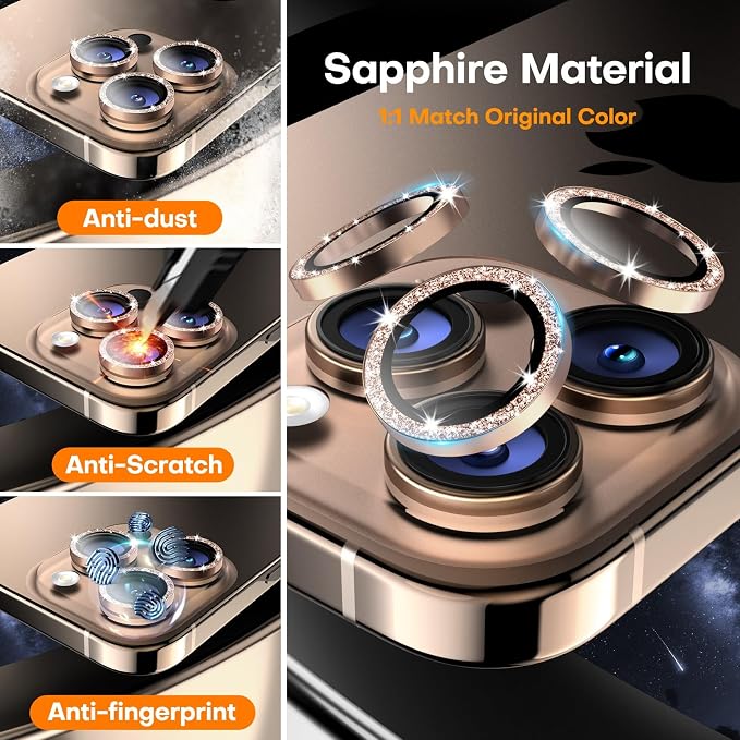Camera Lens Protector for iPhone 17 Pro Max/17 Pro/16 Pro Max/16 Pro/15 Pro Max/15 Pro/14 Pro Max/14 Pro, Tempered Glass Metal Individual Camera Cover[Anti-drop] Case Friendly-Glitter Desert