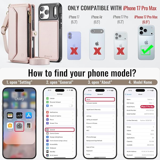 Strapurs for iPhone 17 Pro Max Detachable Wallet Case Compatible with Magsafe, RFID Blocking 9-Card Holder Zipper Strap Lanyard PU Leather Magnetic Phone Case for iPhone 17 Pro Max 6.9", Rose Gold