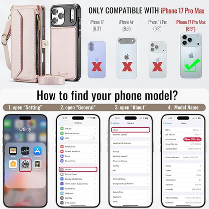 Strapurs for iPhone 17 Pro Max Detachable Wallet Case Compatible with Magsafe, RFID Blocking 9-Card Holder Zipper Strap Lanyard PU Leather Magnetic Phone Case for iPhone 17 Pro Max 6.9", Rose Gold