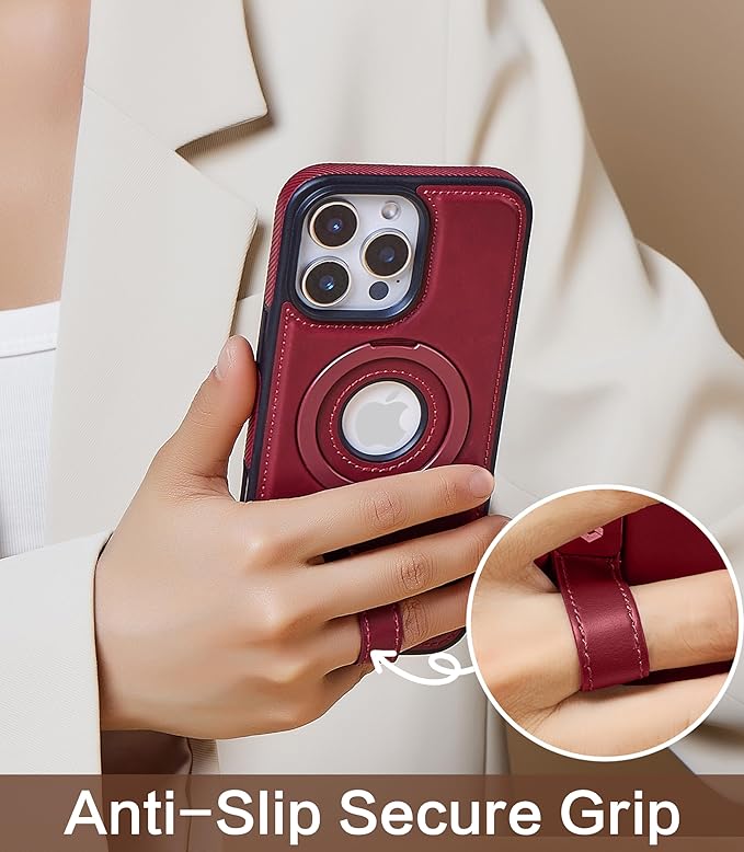 for iPhone 12 Pro Max Leather Case with Stand, Anti-Slip Grip Ring, Fits for MagSafe (Burgundy, iPhone 12 Pro Max)
