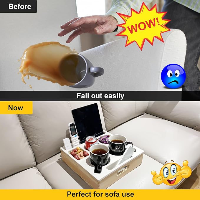 KindGa Couch Cup Holder, Waterproof Anti-Spill Couch Drink Holder for Snacks Beverage Remote, Food Grade Silicone Wooden Couch Caddy for Bed Car Seat Beach Tray (Beige)