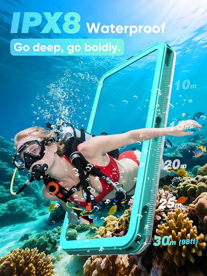 APRUT Waterproof Phone Pouch Case 7.5", 2025 Upgraded IPX8 Waterproof Phone Case for Snorkeling, Universal Fit for iPhone 16 Pro Max 15 14 13, Galaxy S25, Beach Vacation Essentials (Cyan)