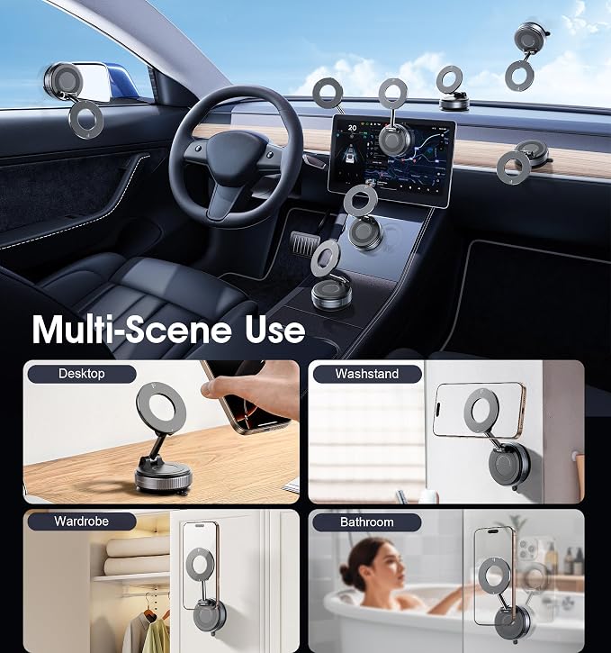 REOKILY 2026 Upgraded Suction Cup Phone Mount Nano Gel 360° Vacuum Magnetic Car Phone Holders for Your Car 110LBS Reinforced Mount for MagSafe Gym/Mirror for iPhone & Android