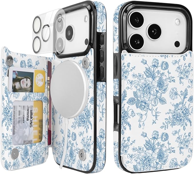 uCOLOR for iPhone 17 Pro 6.3" Wallet Case Magsafe with Card Holder Slot【Compatible with MagSafe】 Double Magnetic RFID Design with Camera Lens Protector (Blue Floral, iPhone 17 Pro)