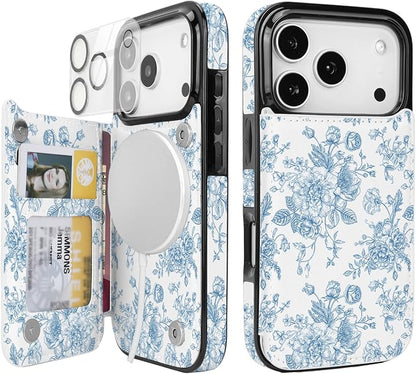 uCOLOR for iPhone 17 Pro 6.3" Wallet Case Magsafe with Card Holder Slot【Compatible with MagSafe】 Double Magnetic RFID Design with Camera Lens Protector (Blue Floral, iPhone 17 Pro)