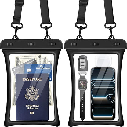 CACOE [Floatable Floating Universal IPX8 Waterproof Phone case 2 Pack-Up to 10.0",Adjustable Lanyard Phone Pouch,Cellphone Dry Bags for Vacation Beach Pool Kayak Cruise Travel Essentials（Black+Black）