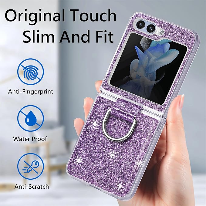 Bling Glitter Case for Samsung Galaxy Z Flip 6 with Ring Holder,Women Girls Cute Phone Case Non Slip Ultra Slim TPU Bumper Shockproof Protective Case for Galaxy Z Flip 6 5G 2024,Purple
