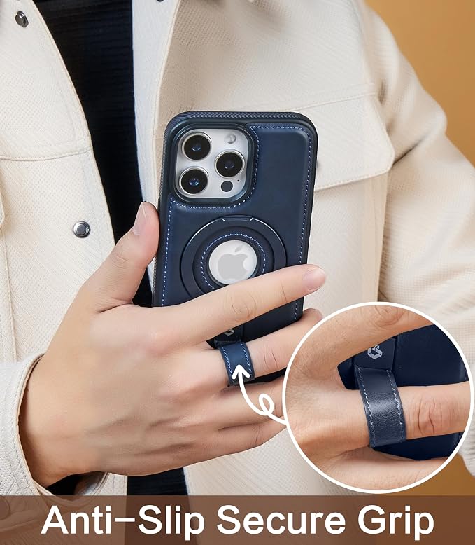 for iPhone 14 Pro Leather Case with Stand, Anti-Slip Grip Ring, Fits for MagSafe (Blue, iPhone 14 Pro)