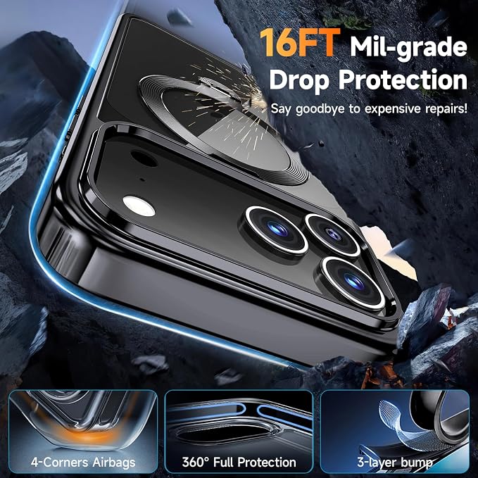 [Tri-Shield Protection] for iPhone 17 Pro Max Case with 360° Spin Stand Compatible with MagSafe [Magnetic CD Ring][Screen & Camera Lens Protector] Shockproof Plating Never-Yellowing, Black-6.9"