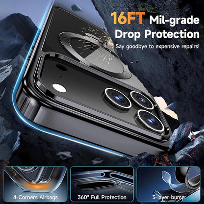 [Tri-Shield Protection] for iPhone 17 Pro Case with 360° Spin Stand Compatible with MagSafe [Magnetic CD Ring] [Screen & Camera Lens Protector] Shockproof Plating Never-Yellowing, Black-6.3"
