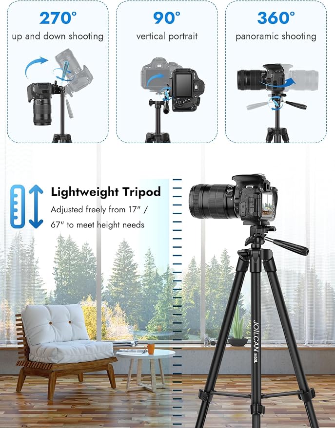 JOILCAN 67" Tripods Camera Tripod, Phone Tablet Tripod for Video Recording Vlog Photo with Remote Carry Bag, Aluminum Lightweight Travel Tripods