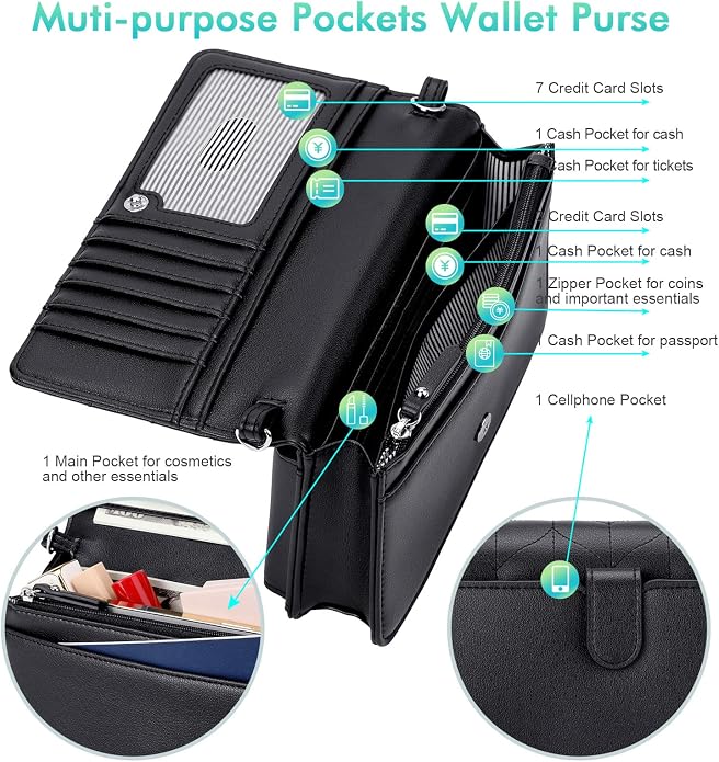nuoku Women Small Crossbody Bag Cellphone Purse Wallet with RFID Card Slots 2 Straps Wristlet