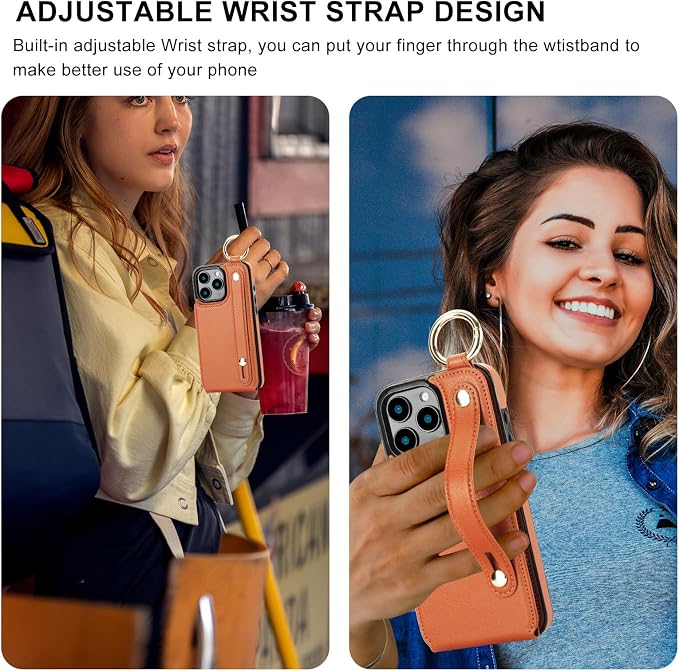 Folosu for iPhone 16 Pro Max Wallet Case with Card Holder, Hand Wrist Strap Loop Holder Kickstand, RFID Blocking Finger Grip Ring PU Leather Double Buttons Shockproof Cover 6.9" Brown
