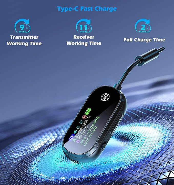 KAIY Bluetooth Car Adapter 2 in 1 Wireless Audio Receiver & AUX Transmitter for TV/Airplane/Home Stereo, Dual Link for 2 AirPods/Headphones, HD Screen Low Latency 5.4 Portable Dongle