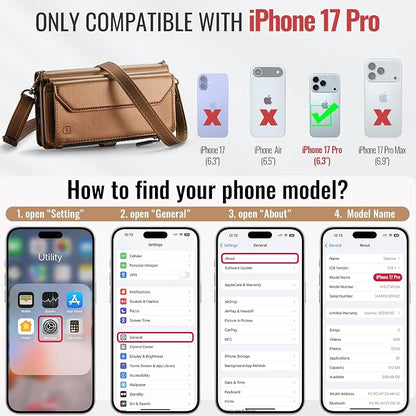 Strapurs Wallet Case Compatible with iPhone 17 Pro 6.3" RFID Blocking 9-Card Holder Soft PU Leather Magnetic Snap Shoulder Strap Zipper Pocket Phone Case Fit for iPhone 17 Pro for Women - Brown