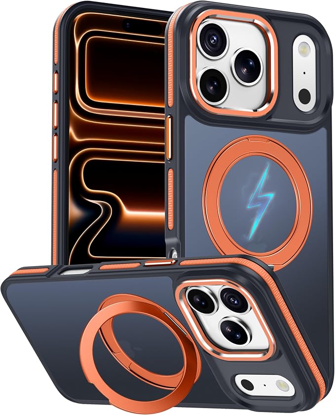 for iPhone 17 Pro Max Case with 360 Magnetic Ring Stand, Fit MagSafe, Military-Grade Shockproof Protection, Non-Slip Slim Translucent Protective Phone Cover, Orange