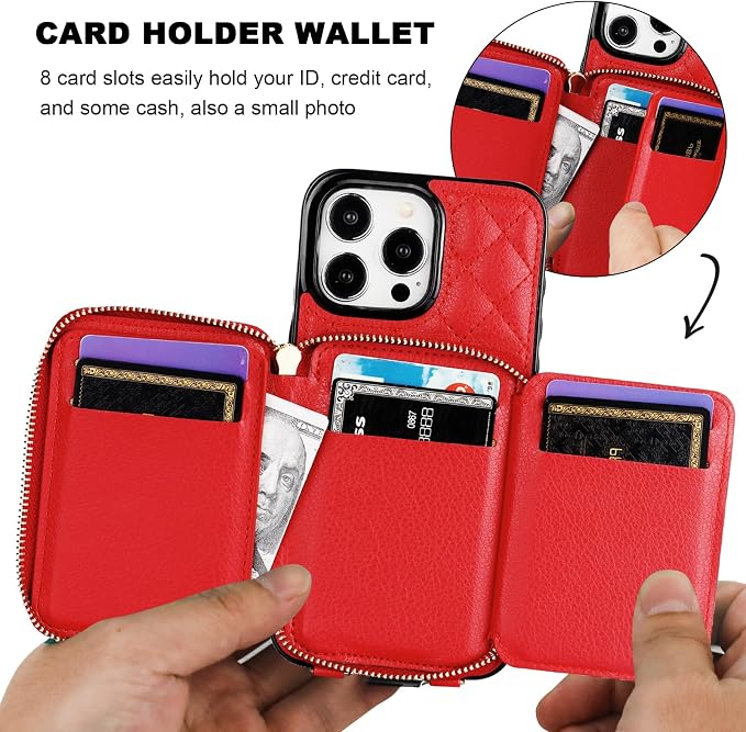 Bocasal Crossbody Wallet Case for iPhone 15 Pro Max, RFID Blocking PU Leather Zipper Handbag Purse Flip Cover, Kickstand Folio Case with Card Slots Holder Wrist Strap Lanyard 5G 6.7 Inch (Red)