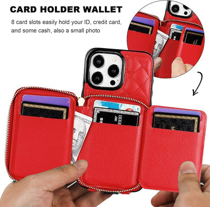 Bocasal Crossbody Wallet Case for iPhone 15 Pro Max, RFID Blocking PU Leather Zipper Handbag Purse Flip Cover, Kickstand Folio Case with Card Slots Holder Wrist Strap Lanyard 5G 6.7 Inch (Red)