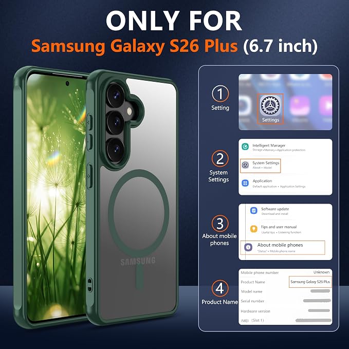 Pilaru for Samsung Galaxy S26 Plus Case [Compatible with Magsafe] Translucent Matte Magnetic Phone Case,Slim Thin Duty Shockproof Protection Cover with 2pc HD Screen Protector for S26 Plus-Green
