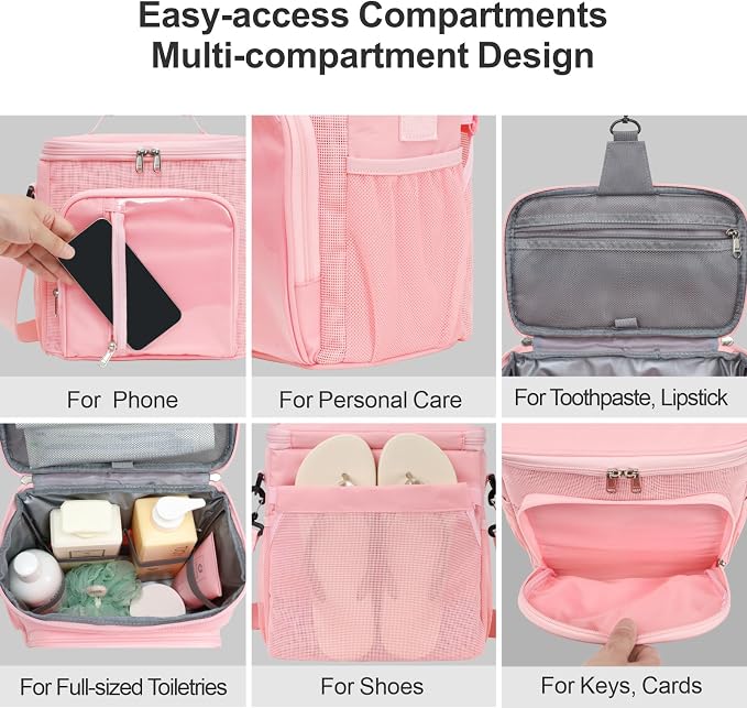F-color Crossbody Shower Caddy with Phone Holder - Hands-Free Portable Toiletry Bag Fits Full-Size Bottles, Quick Dry Mesh Hanging Tote for College Dorm Essentials, Camping, Gym, Travel, Large, Pink