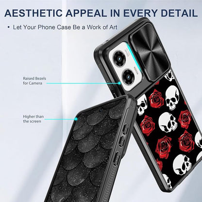 for Motorola Moto G Stylus 5G 2024 Case with Red Rose Skull, Metal Slide Camera Cover, Screen Protector, Anti-Peeping Privacy Safeguard, Camera Lens Protector Phone Case for Moto G Stylus 5G 2024